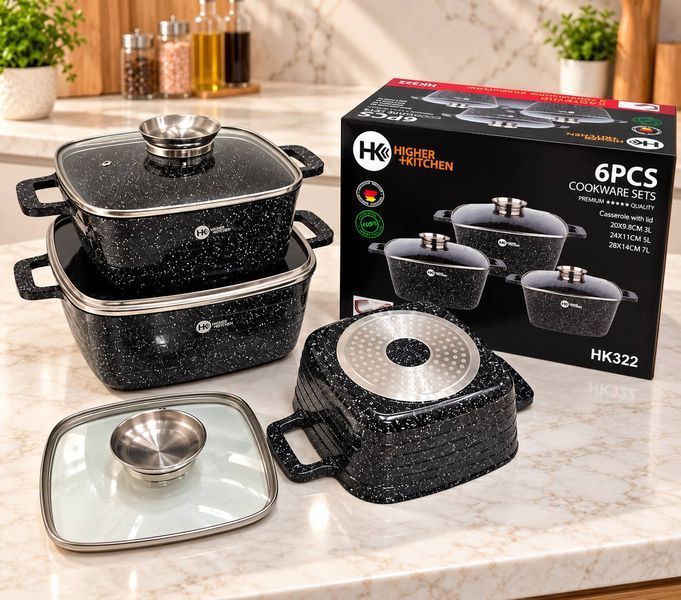 Набір посуду Higher Kitchen HK-322 із квадратних каструль з гранітним покриттям на 6 предметів 18-322 фото