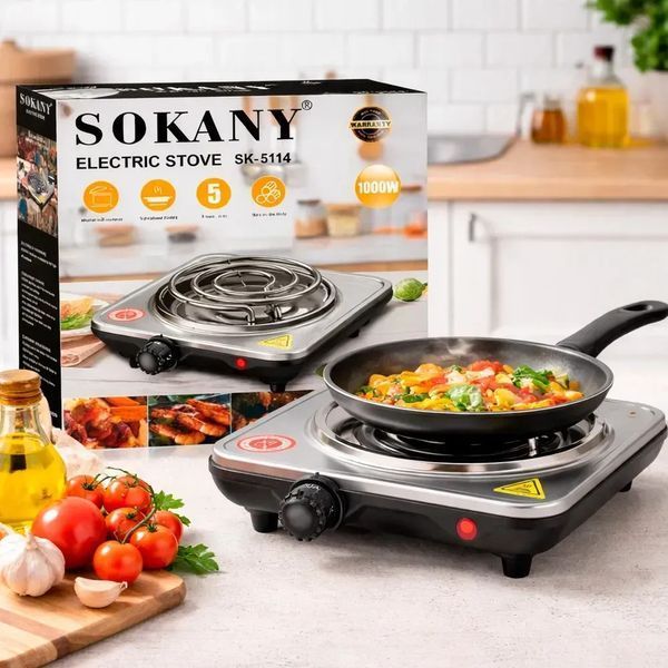 Плита електрична настільна Sokany SK-5114 на одну конфорку з нержавіючої сталі 1000 Вт 10-5114 фото